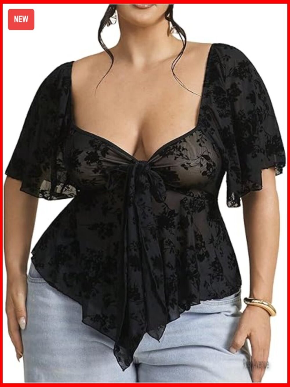 Plus Size Floral Mesh Peplum Blouse Short Sleeve Tie Front Babydoll Top